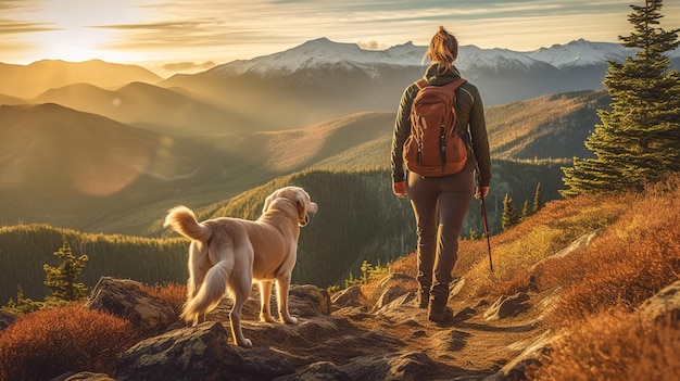 Turistas con mochilas caminan tranquilamente por la cima de la montaña