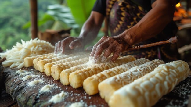 Foto los turistas preparan una tarta de yuca la raíz de yuca se muele con herramientas indígenas tradicionales
