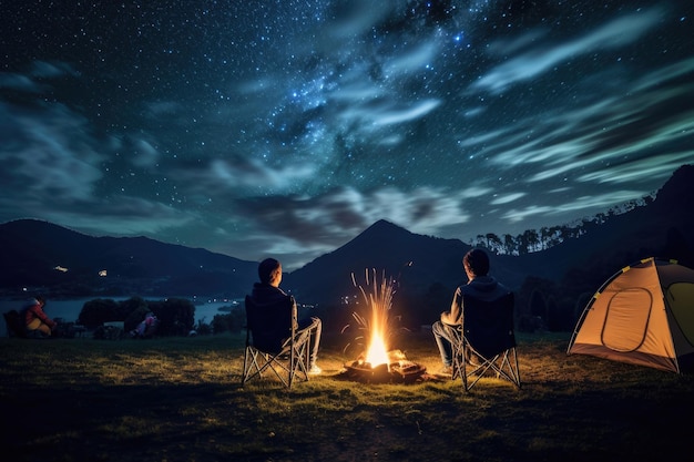Los turistas se sientan alrededor de una fogata brillante cerca de tiendas de campaña bajo un cielo nocturno lleno de estrellas brillantes
