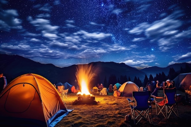 Los turistas se sientan alrededor de una fogata brillante cerca de las tiendas de campaña bajo un cielo nocturno