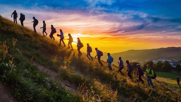 Los turistas suben la colina al amanecer