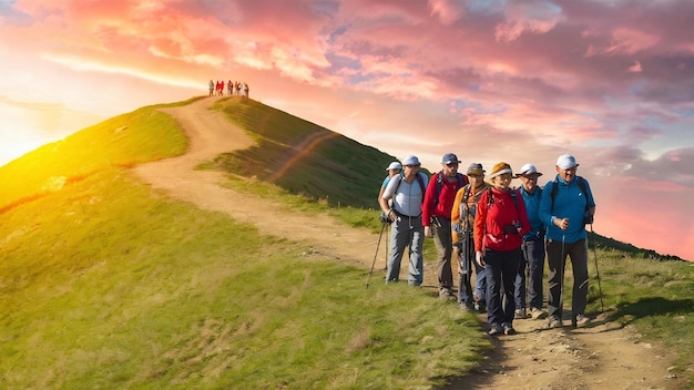 Los turistas suben la colina al amanecer