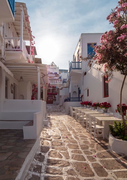Turistas y tiendas entre casas de arquitectura cicládica en Old Town Chora Mykonos Grecia