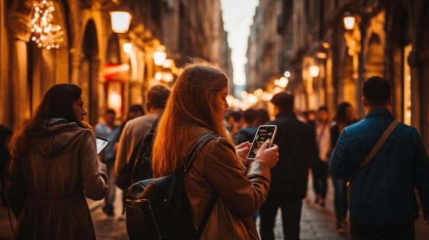 Turistas tomando fotos en una ciudad concurrida