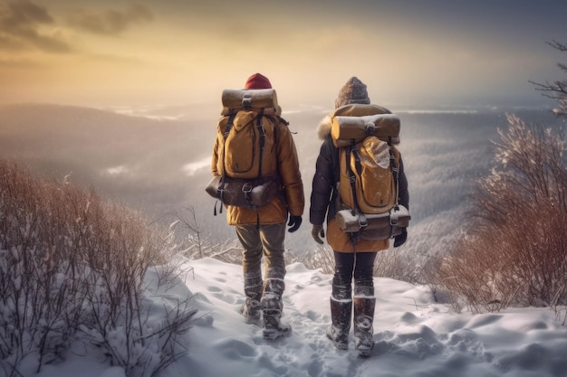 Turistas vestidos con ropa deportiva de invierno con mochilas turísticas caminando por el bosque IA generativa