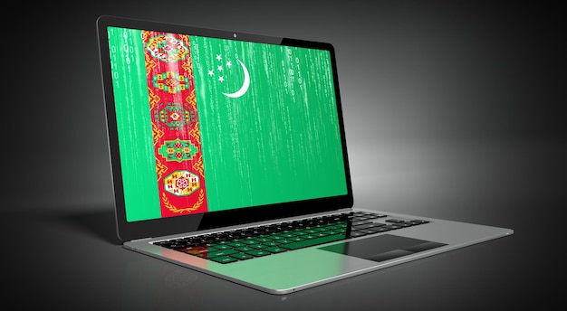 Turkmenistan-Landesflagge und Binärcode auf Laptop-Bildschirm 3D-Illustration