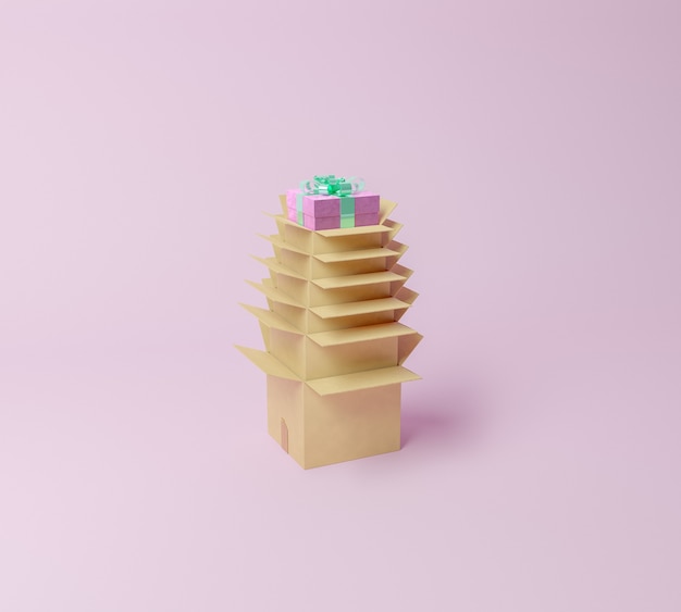 Turm aus offenen Kartons mit einem Geschenk