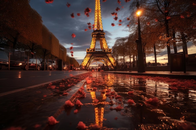 Turm im Regen mit Blumen