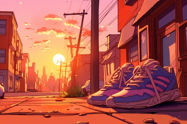 Turnschuhe auf der Straße bei Sonnenuntergang in Nahaufnahme Illustration Generative KI