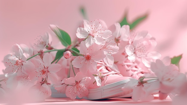 Turnschuhe und Kirschblüten auf rosa Hintergrund mit Kopierbereich Generative KI