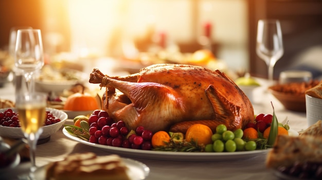 Turquia assada de Ação de Graças na mesa de férias comida e bebida