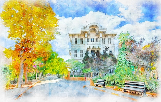 - Turquía Estambul 05 de septiembre de 2021 Büyükada, la isla más grande de Estambul y una de las islas más hermosas. Obra artística de acuarela.