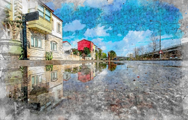 Turquía -Izmir -15 de enero de 2021 fotos de la calle Alaçatı, reflejos en el agua de lluvia.