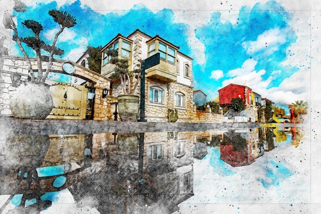 Turquía -Izmir -15 de enero de 2021 fotos de la calle Alaçatı, reflejos en el agua de lluvia.