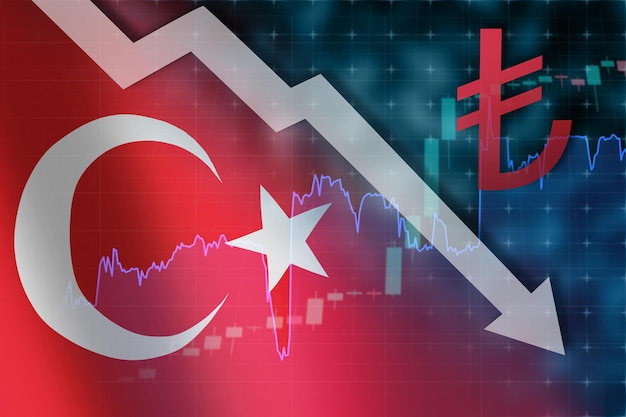 Turquía Lira caída logotipo de la moneda nacional turca Crisis económica en Turquía Creciendo gráfico del curso de cambio de la moneda turca Lira caída de la flecha