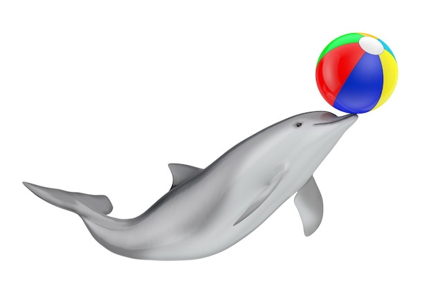 Tursiops Truncatus oceano ou golfinho nariz de garrafa com bola de praia colorida em um fundo branco. Renderização 3D