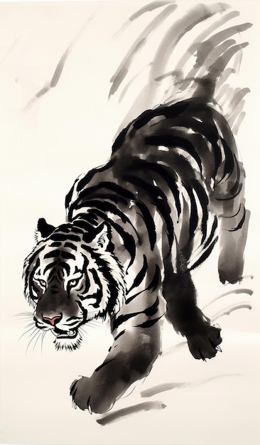 Foto tuschezeichnung eines tigers. schwarz-weißes design eines raubtiers. orientalische kunst der kultur und des tierkreises