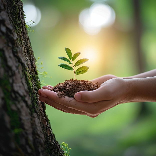 Foto tutela ambiental a mão humana protege uma árvore que a luz do sol ilumina para mídias sociais post siz