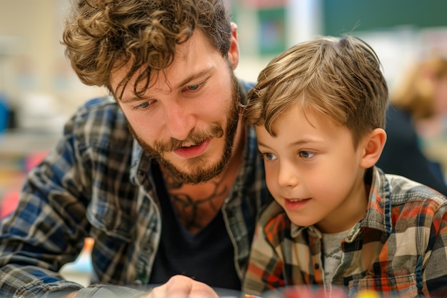 Tutor adulto ajudando menino com a lição de casa em sala de aula Momento de aprendizagem focado