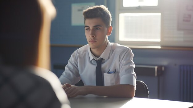 Foto tutor de ensino médio dando aluno do sexo masculino vestindo uniforme um para um ensino na secretária de ia generativa