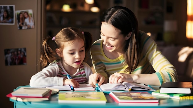 Tutor con la niña que estudia en casa