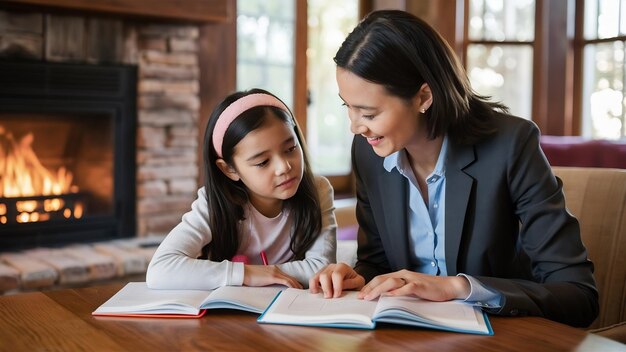 Foto tutor con la niña que estudia en casa