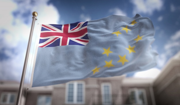 Tuvalu-Flagge 3D-Rendering auf blauem Himmel Gebäude Hintergrund