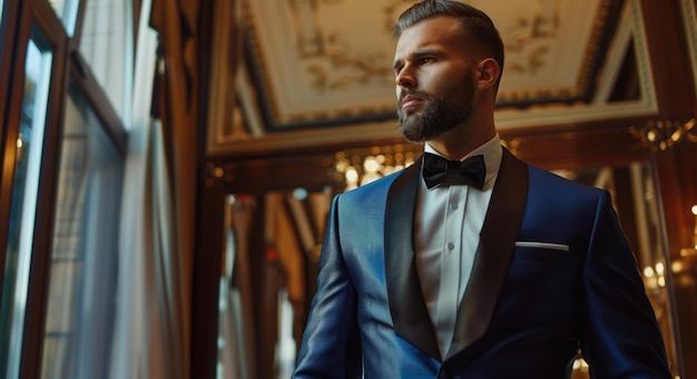 Foto tuxedo azul caro para milionários modelo de homem elegante em tuxedo azul personalizado posing