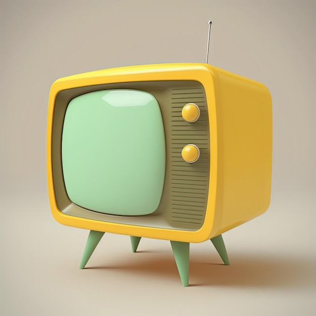 Tv amarela vintage de meados do século sobre fundo verde Televisão retrô AI