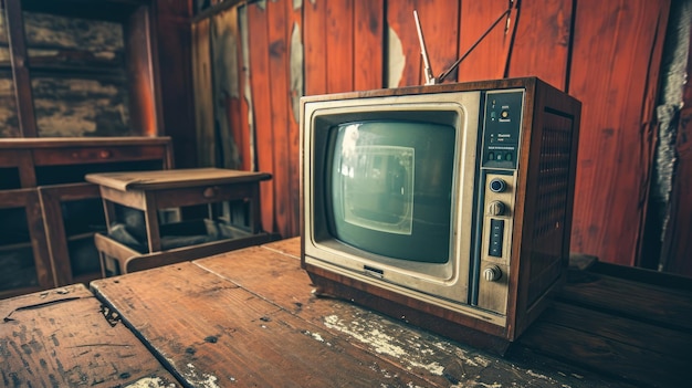 TV antigua retro colocada sobre un fondo de madera Atmosfera nostálgica o vintage Una vieja TV crea una sensación del pasado