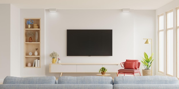 Tv blanco montado en la pared en el gabinete de la sala de estar con sillón rojo y diseño minimalista