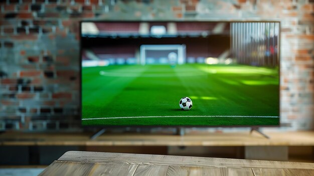 TV con campo de fútbol en pared de ladrillo y mesa de madera con espacio vacío Foco selectivo IA generativa