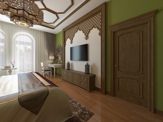 TV-Einheit, in einem Holzrahmen rund, im arabischen Stil. Schlafzimmer im östlichen Stil. 3D-Rendering