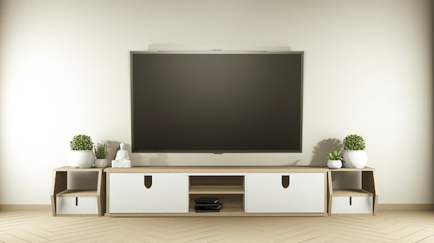 TV en gabinete de madera en la moderna habitación vacía y pared blanca en piso blanco habitación estilo japonés. Representación 3d
