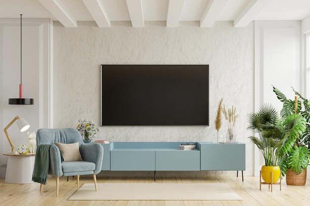 TV en el gabinete en la moderna sala de estar con sillón sobre fondo de pared de yeso, renderizado 3d