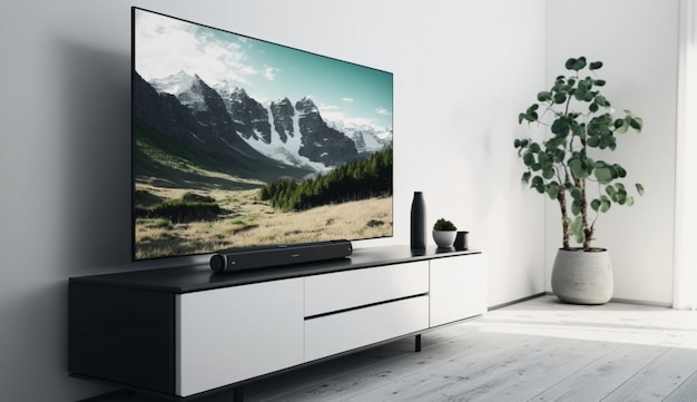 TV en el gabinete en la sala de estar moderna sobre fondo de pared blanca AI generativa