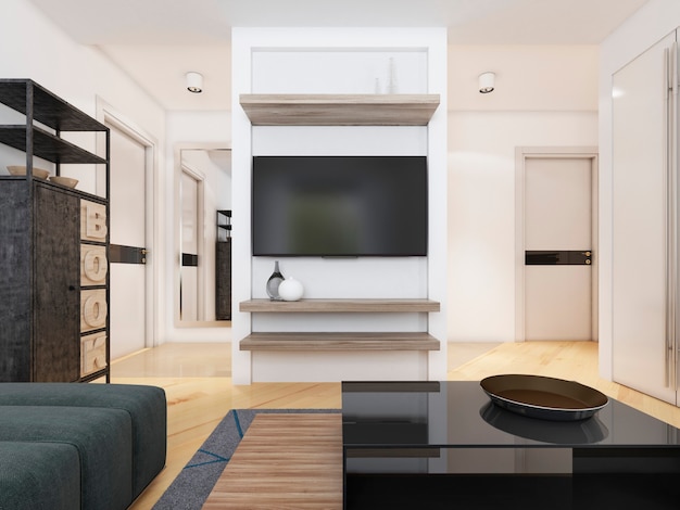 TV-Gerät in einem modernen Wohnzimmer. 3D-Rendering