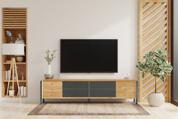 TV-LED auf dem Schrank im modernen Wohnzimmer auf weißem Wandhintergrund, 3D-Rendering