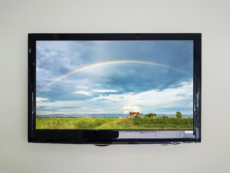 Foto tv de led en el fondo de la pared con arco iris en el cielo sobre el campo de agricultura en la pantalla de televisión