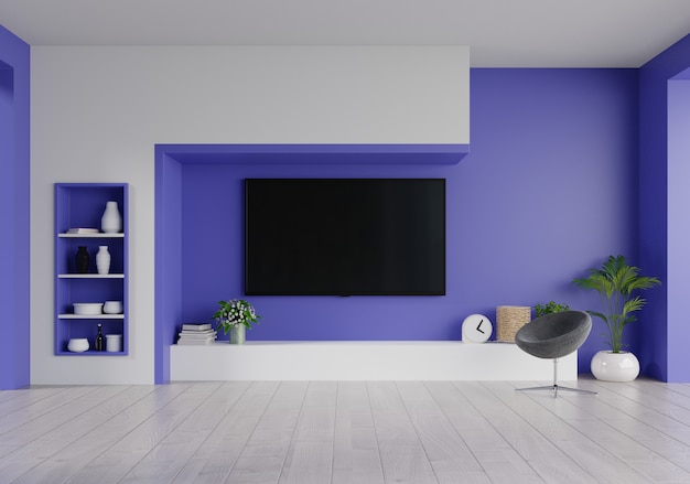 TV LED na parede azul fantasma na sala de estar, design minimalista.