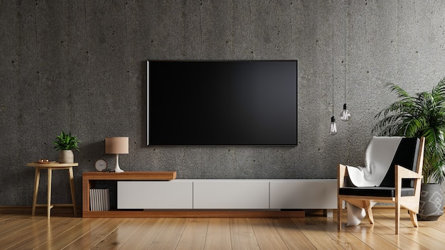 TV-Modell auf Schrank im Wohnzimmer die Betonwand, 3D-Rendering