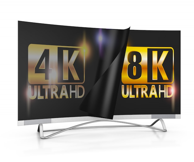 TV moderna con inscripción Ultra HD de 4k y 8K en la pantalla