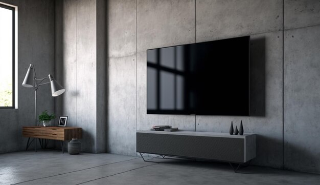 Tv en el muro de hormigón en la sala de estar moderna con el muro de hormigón IA generativa