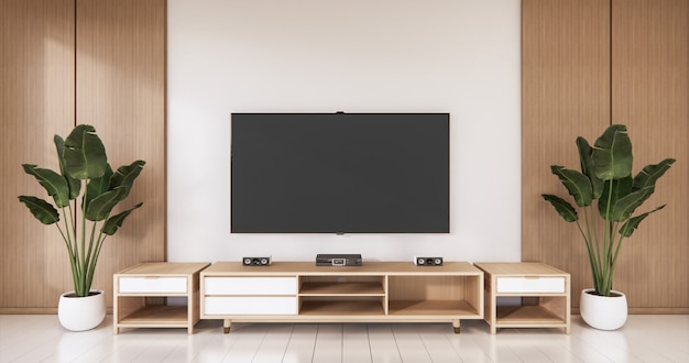 Tv na parede vazia e parede com design japonês de madeira na sala de estar estilo zen