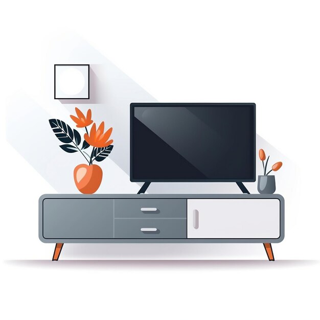 TV no armário cinza ou coloque o objeto na sala de estar moderna com flor e planta