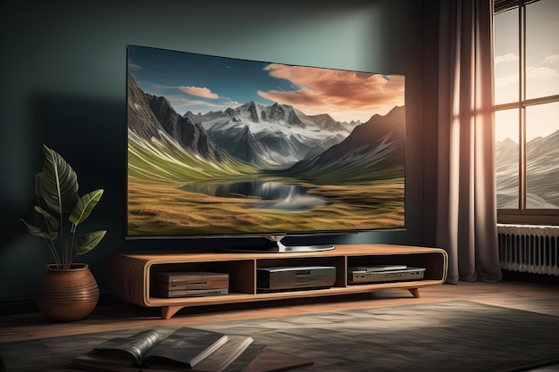 TV no armário de madeira na sala de estar moderna ai generativo