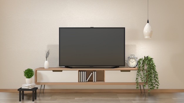 TV no armário na sala zen com lâmpada, mesa, armário e planta renderização .3d