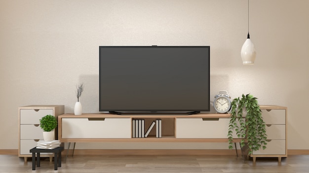 TV no armário na sala zen com lâmpada, mesa, armário e planta renderização .3d