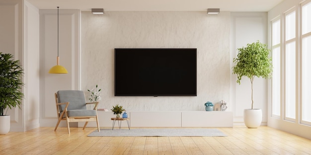 Tv no armário tem parede de gesso branco na sala de estar com poltrona design mínimo renderização em 3d