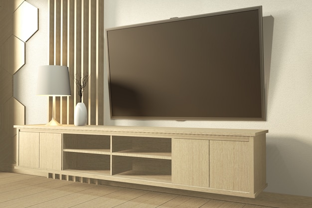 Tv en la pared y gabinete de madera en la moderna habitación vacía diseños minimalistas japoneses. renderizado 3d | Foto Premium Tv En La Pared Y Gabinete De Madera En La Moderna Habitación Vacía Diseños Minimalistas Japoneses. Renderizado 3D | Foto Premium